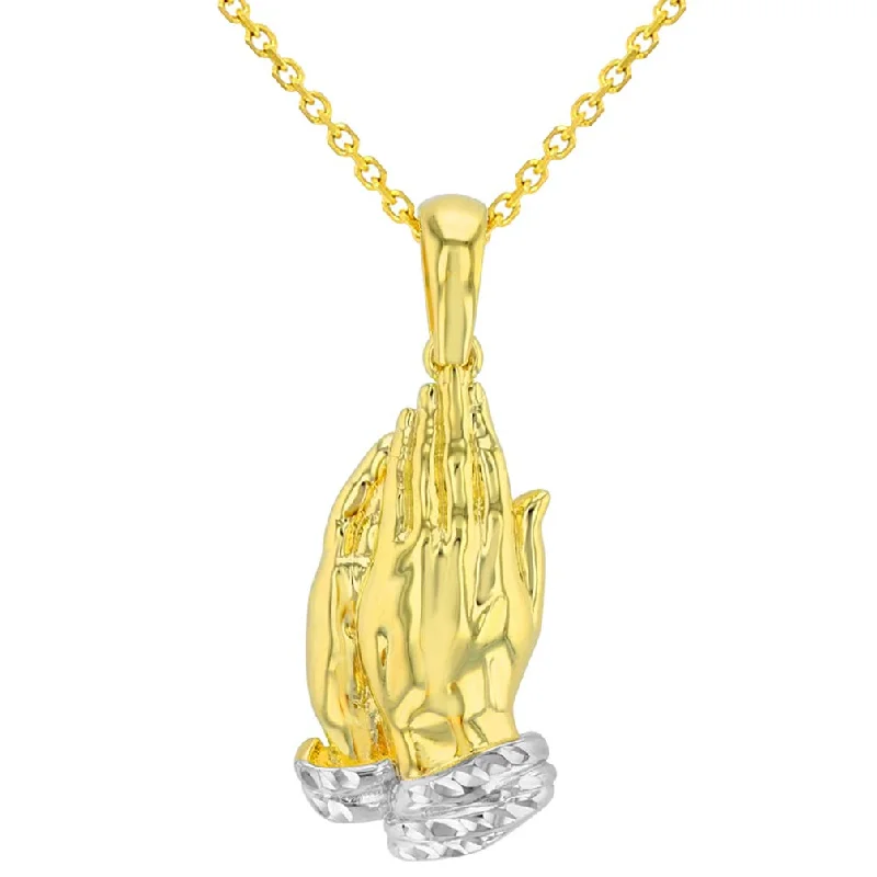 women boho necklaces -14k Yellow Gold Polished and Textured Praying Prayer Hands Pendant Necklace