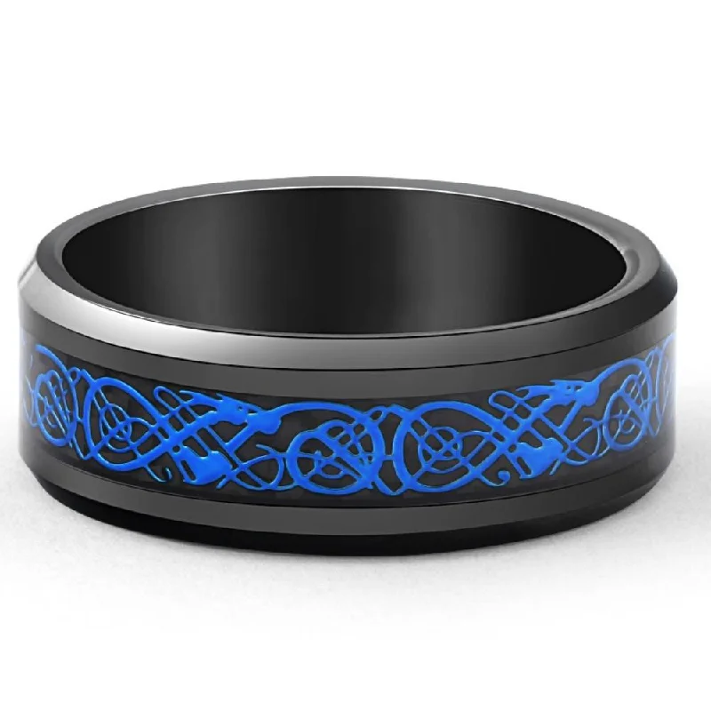 women stackable engagement rings -Men's Blue Dragon Black Tungsten Ring 8mm Wedding Band