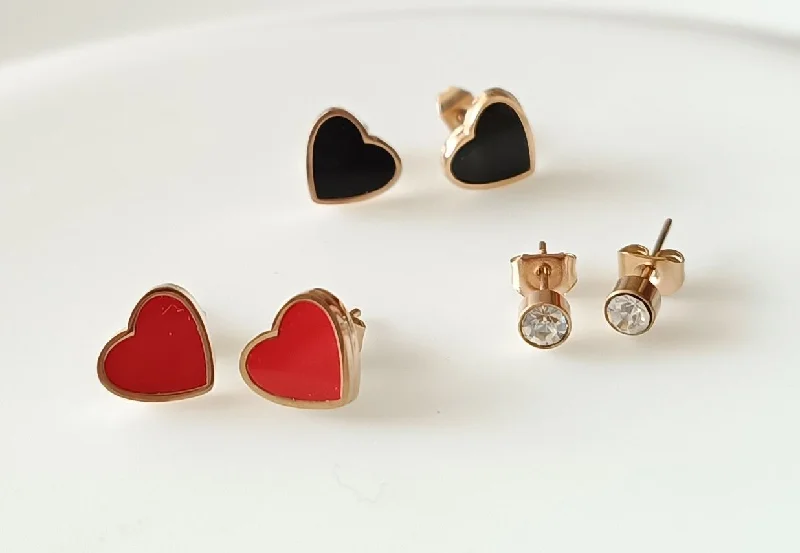 women oversized earrings -Tarohi Jewels Stainless Steel Rosegold Plated Three Pair Stud & Heart Shaped Earring-STNER 2557