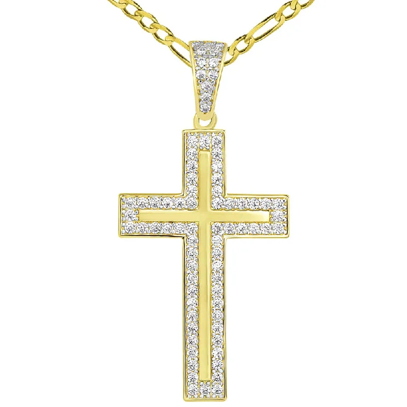 women infinity pendant necklaces -14k Yellow Gold Cubic Zirconia Elegant Traditional Latin Cross Pendant Figaro Necklace