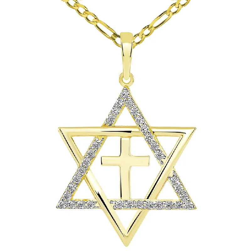 women wedding day necklaces -14k Yellow Gold Medium CZ Star of David with Religious Cross Judeo Christian Pendant Figaro Necklace