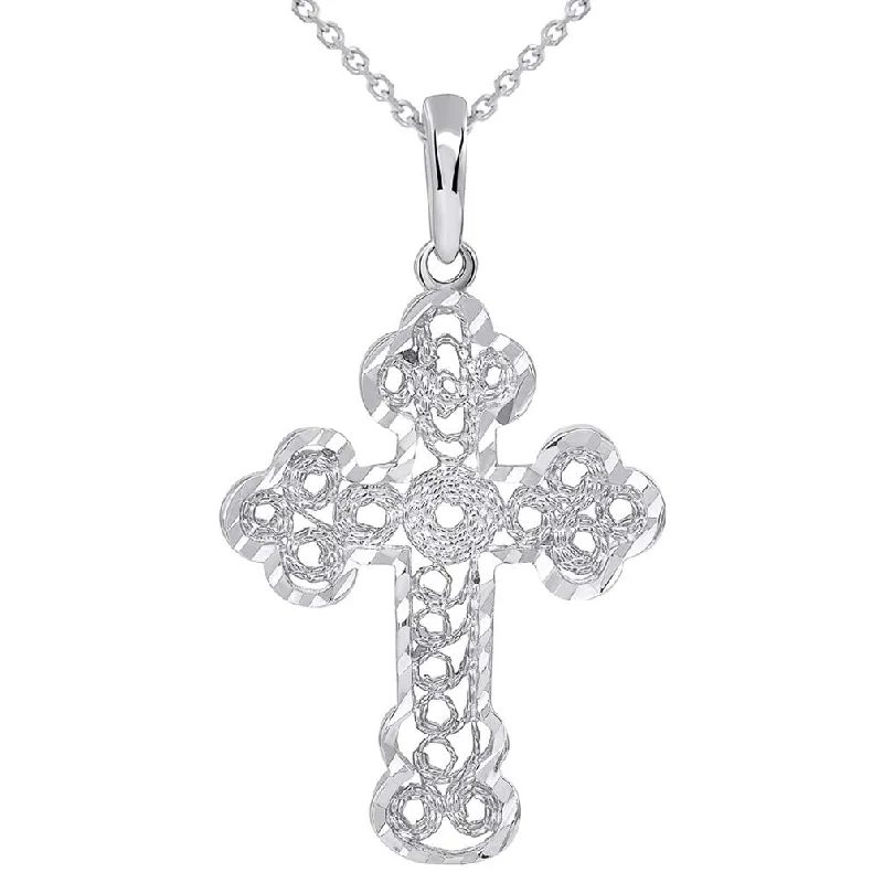 women trendy necklaces -Solid 14k White Gold Filigree Eastern Orthodox Cross Pendant Necklace