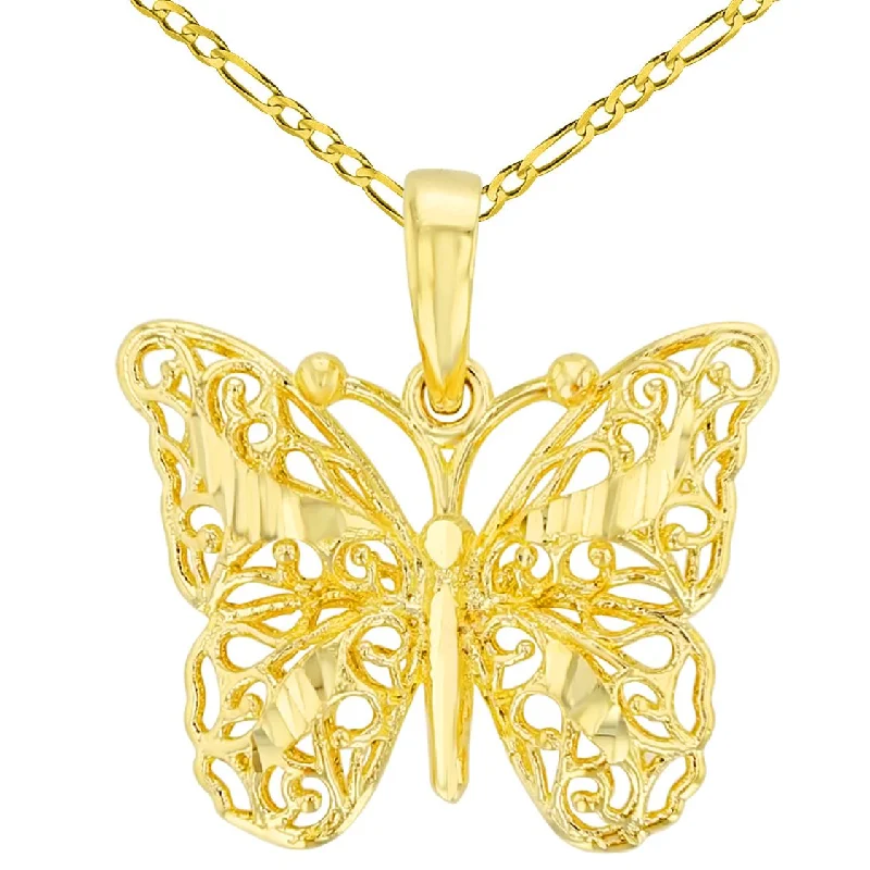 women minimalist gold necklaces -14K Yellow Gold Textured Filigree 3D Butterfly Pendant with Figaro Necklace