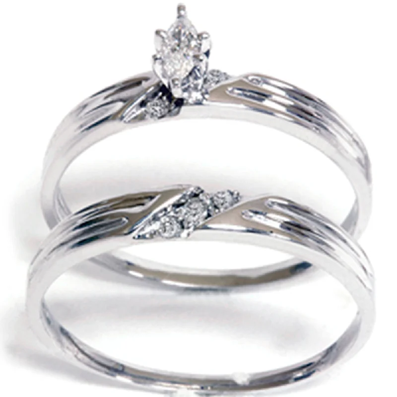 women double band engagement rings -1/4ct Marquise Pave Diamond Ring Set 14K White Gold