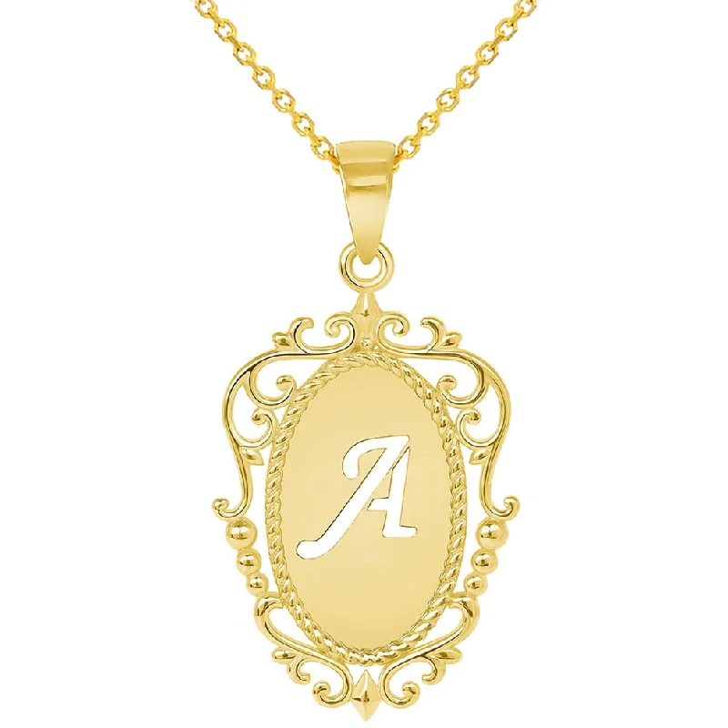 women pearl necklaces -14k Yellow Gold Elegant Filigree Oval Uppercase Initial A Script Letter Plate Pendant with Cable, Curb, or Figaro Chain Necklaces