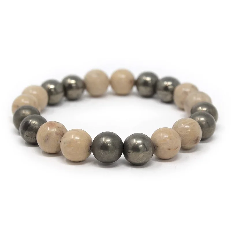 women chunky bracelets -Coral Fossil and Pyrite Bead Men's Stretch Bracelet