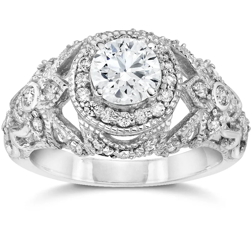 women trendy engagement rings -Emery 1 Ct Vintage Halo Antique Diamond Engagement 14K White Gold