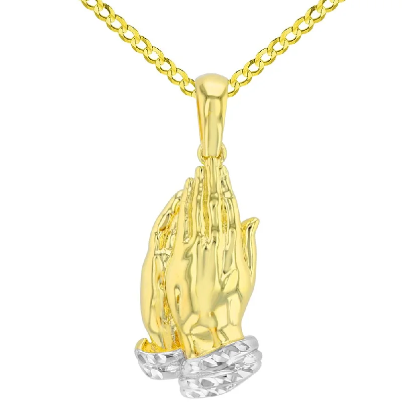 women long pendant necklaces -High Polished 14K Yellow Gold Religious Dainty Praying Prayer Hands Pendant with Cuban Necklace