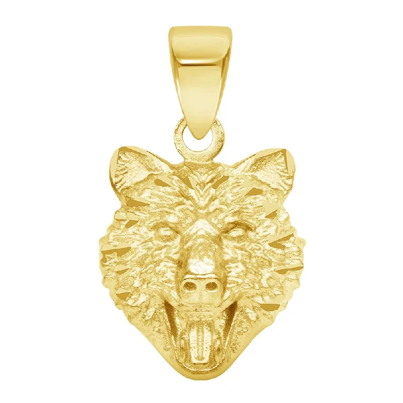 women long pendant necklaces -14k Yellow Gold Mini Wolf Head Charm Animal Pendant