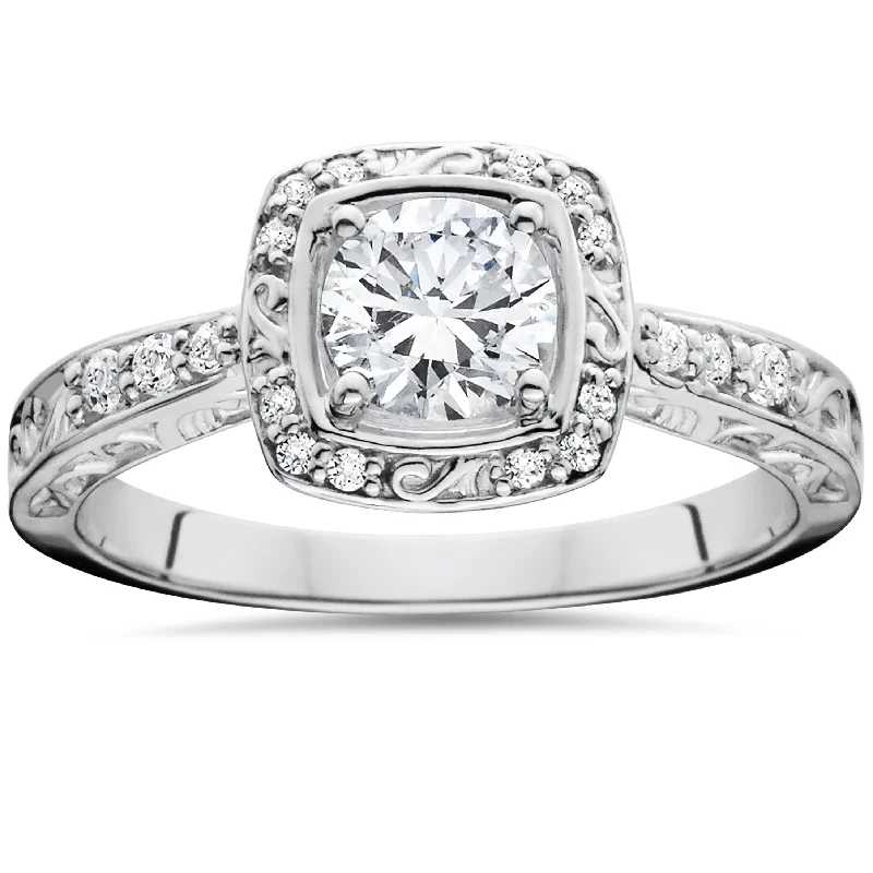 women diamond-accent engagement rings -7/8ct Vintage Sculptural Diamond Cushion Halo Engagement Ring 14K White Gold