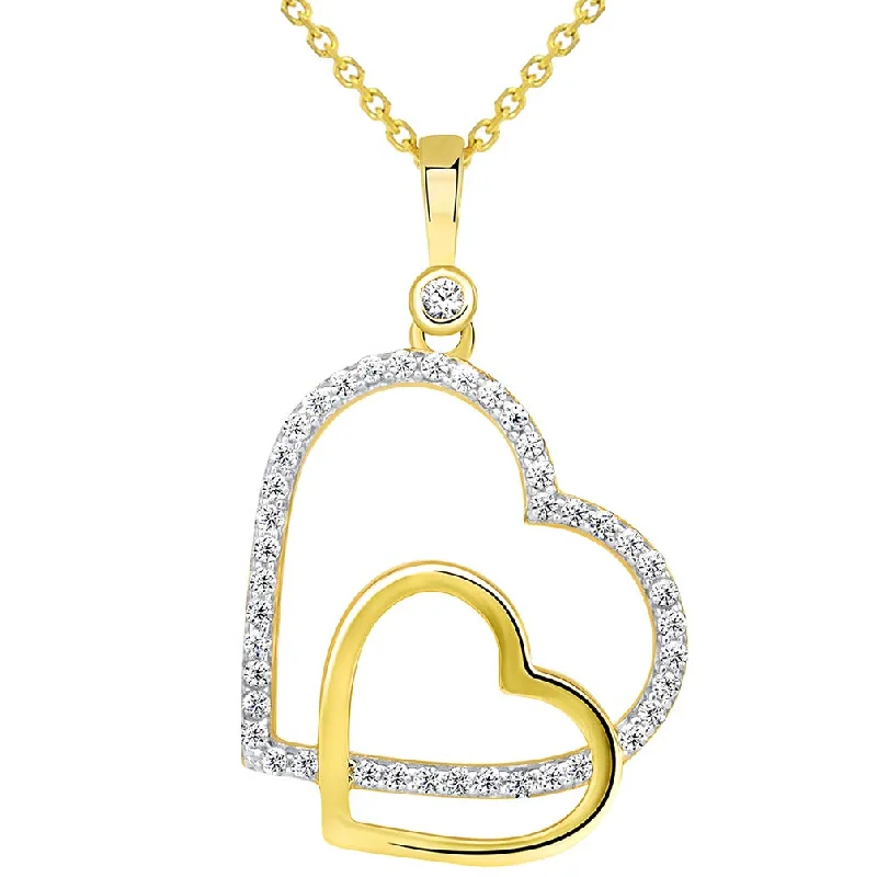 women monogram necklaces -14k Yellow Gold CZ Dangling Sideways Open Double Heart Pendant Necklace