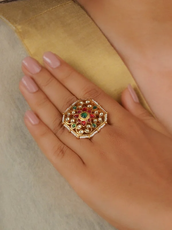 women vintage diamond rings -Multicolor Gold Plated Jadau Kundan Ring - MRNG172M