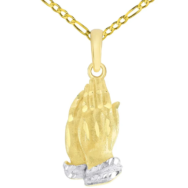 women wedding day necklaces -14k Yellow Gold Textured Praying Two-Tone Prayer Hands Charm Pendant with Figaro Chain Necklace