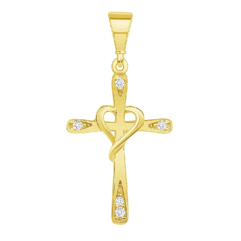 women butterfly necklaces -14k Yellow Gold Cubic-Zirconia Simple Religious Cross with Heart Pendant