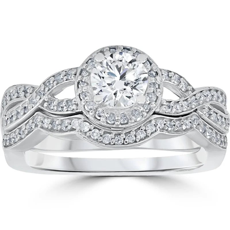 women diamond-accent engagement rings -1 1/10ct Curve Engagement Ring & Matching Wedding Band 14K White Gold