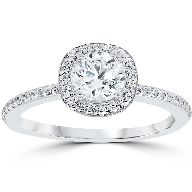 women halo diamond engagement rings -1ct Diamond Engagement Ring Cushion Halo 14K White Gold