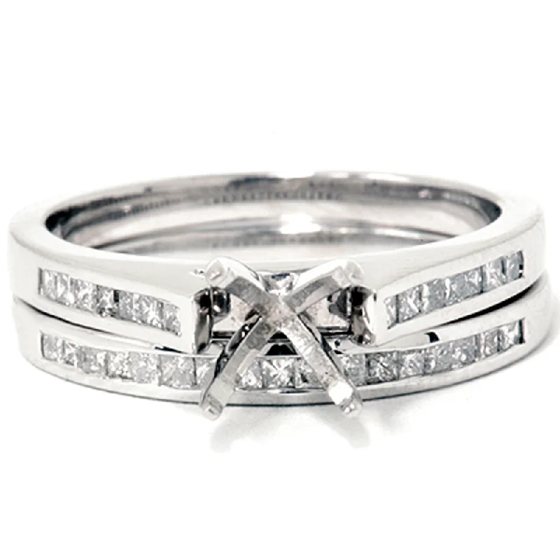 women luxury engagement ring sets -7/8ct Princess Cut Diamond Semi Mount Engagement Wedding Ring Set 14K White Gold