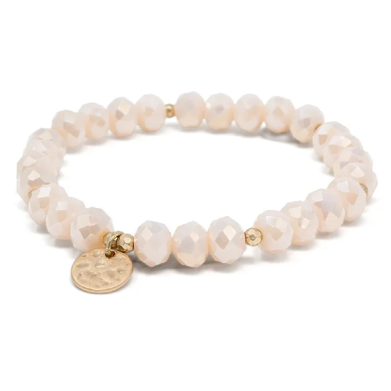 women art deco bracelets -Cream Glass Bead Bracelet with Disc Charm Gold Tone