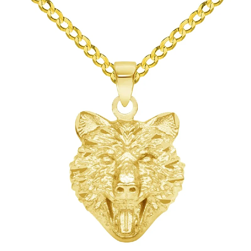 women vintage necklaces -14k Yellow Gold Mini Wolf Head Charm Animal Pendant with Cuban Curb Chain Necklace