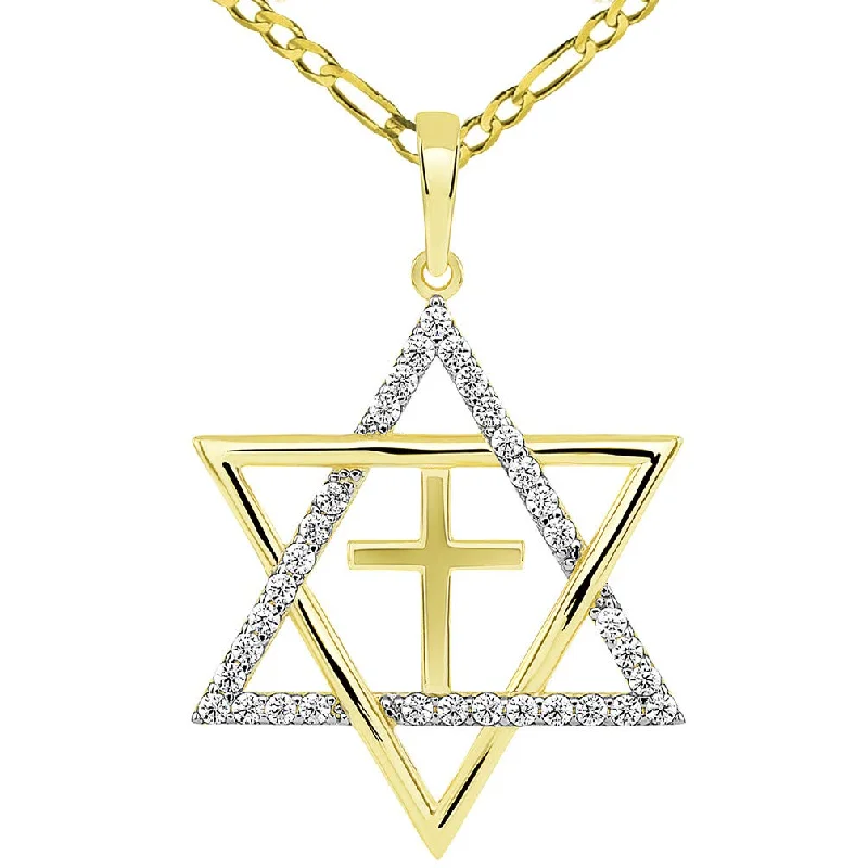 women crystal pendant necklaces -14k Yellow Gold Large CZ Star of David with Religious Cross Judeo Christian Pendant Figaro Necklace