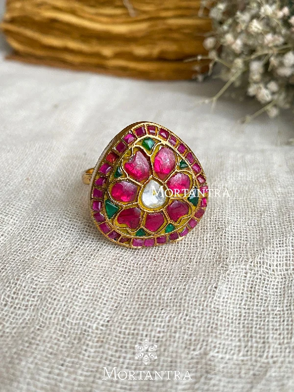 women bold statement rings -Multicolor Gold Plated Thappa Jadau Kundan Ring - TJ-R11M