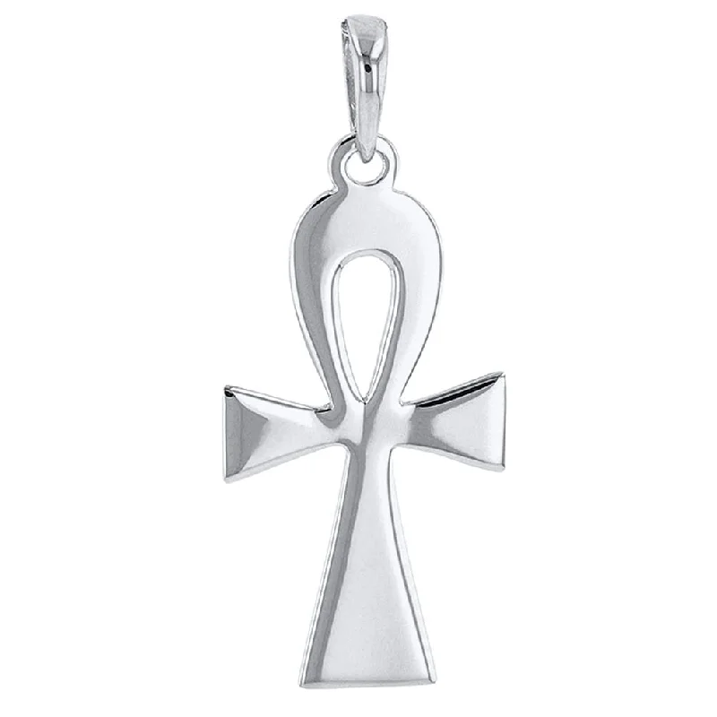 women emerald necklaces -Solid 14K White Gold Egyptian Ankh Cross Pendant with High Polish