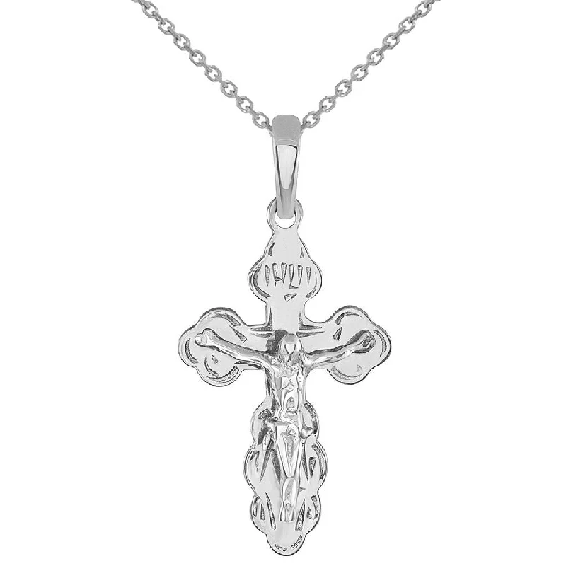 women choker necklaces -Solid 14k White Gold Eastern Orthodox Cross Save and Protect Crucifix Pendant Necklace