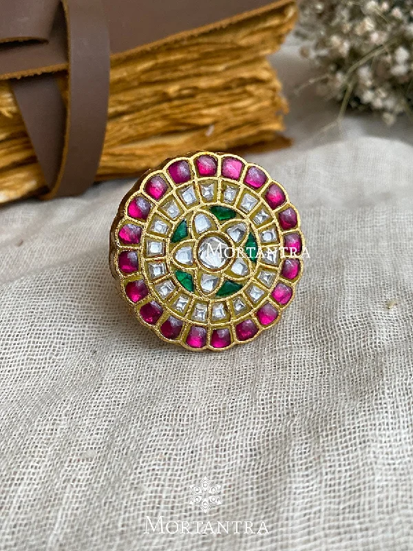 women wide wedding rings -Multicolor Gold Plated Thappa Jadau Kundan Ring - TJ-R24M