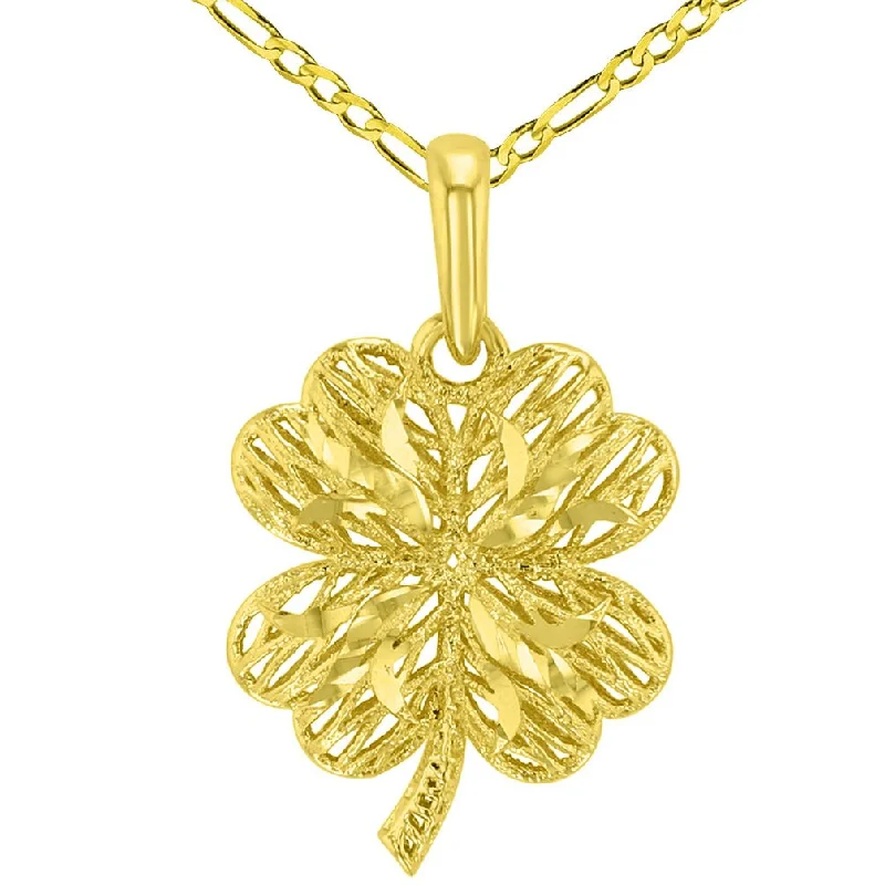 women gold necklaces -Textured 14k Yellow Gold Puffed 3-D Four Leaf Clover Pendant with Figaro Chain Necklace