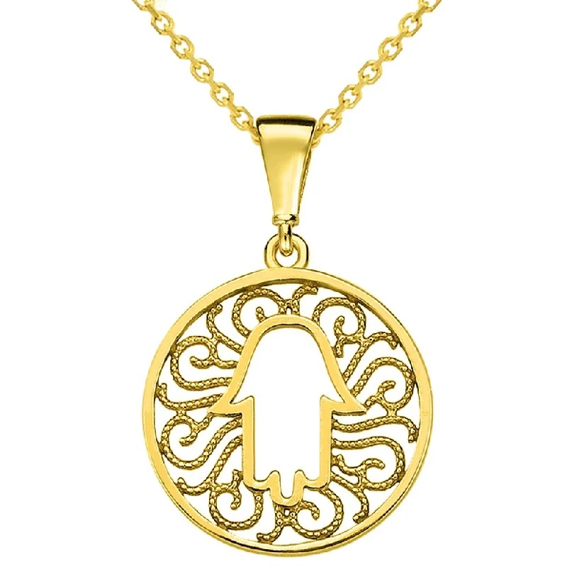 women rope necklaces -14k Yellow Gold Round Filigree Hamsa Hand of Fatima Pendant Necklace