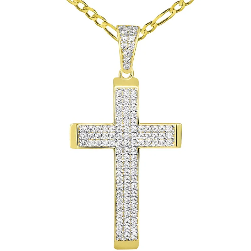 women heart necklaces -14k Yellow Gold Cubic Zirconia Beveled Edge Classic Cross Pendant Figaro Necklace