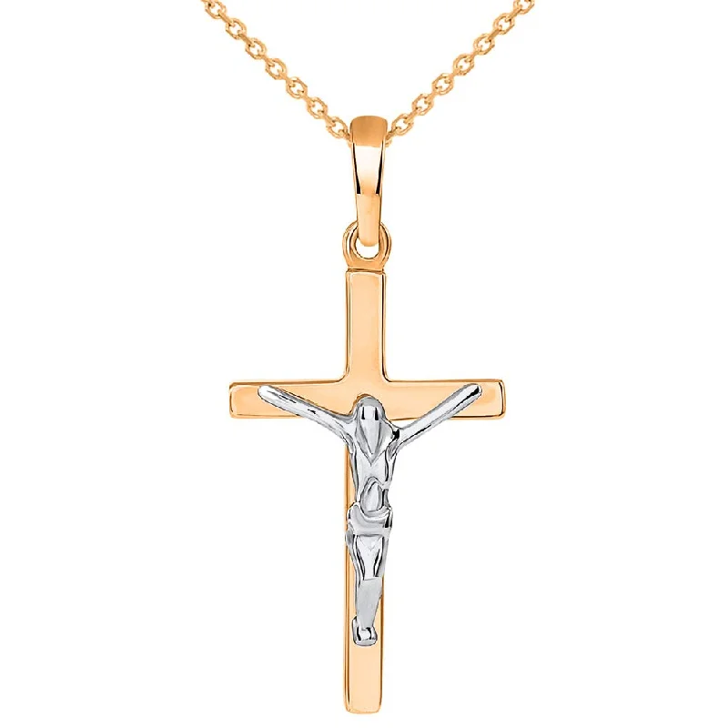 women vintage-style necklaces -Solid 14K Rose Gold and White Gold Simple Cross Jesus Crucifix Charm Pendant Necklace