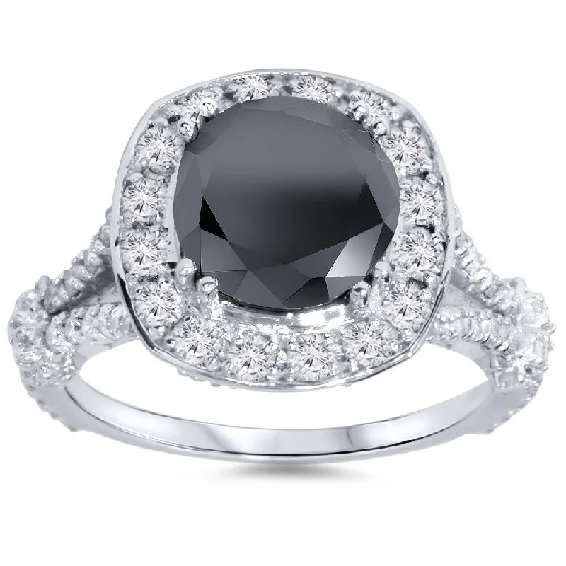 women custom engraved engagement rings -4ct Black Treated Diamond Cushion Vintage Engagement Ring 14K White Gold