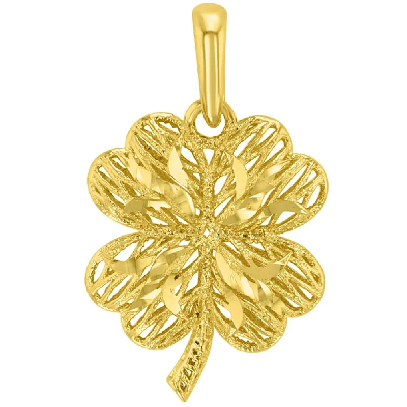 women diamond necklaces -Textured 14k Yellow Gold Puffed 3-D Four Leaf Clover Pendant