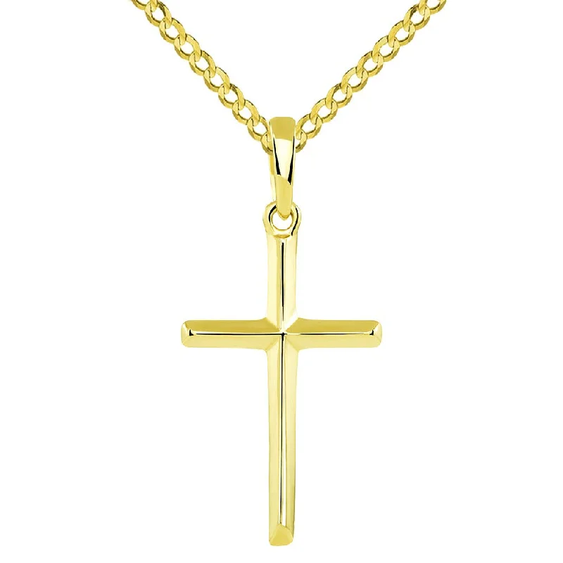 women rose gold necklaces -14K Solid Yellow Gold Traditional Simple Religious Cross Pendant with Cuban Chain Necklace