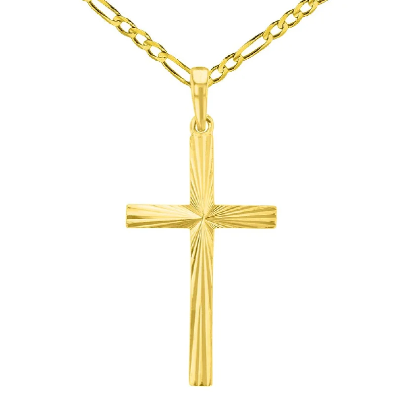 women vintage charm necklaces -Solid 14K Yellow Gold Textured and Polished Religious Cross Pendant with Figaro Chain Necklace