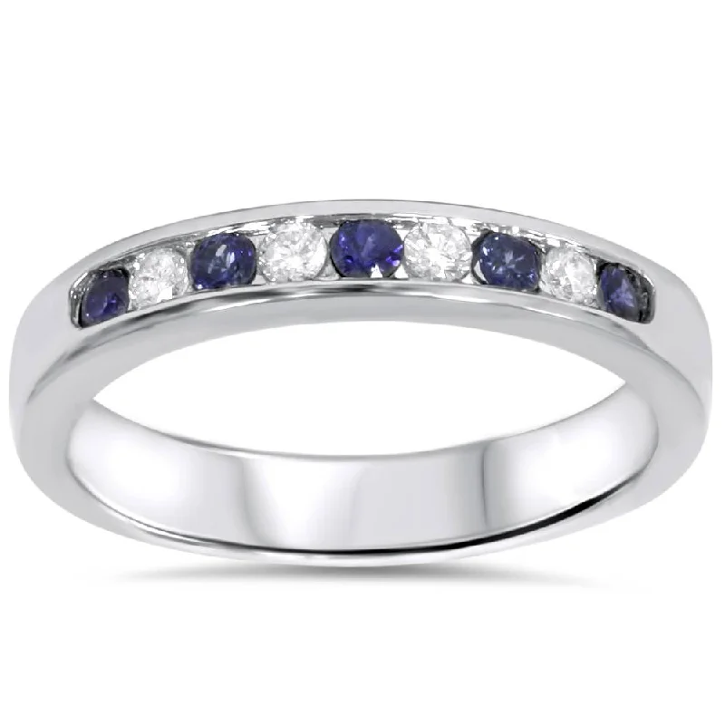 women modern engagement rings -1/4ct Blue Sapphire Lab Grown Diamond Channel Set Wedding Ring 14K White Gold