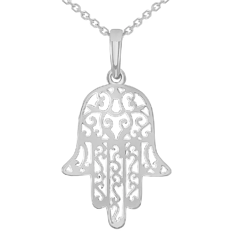 women designer necklaces -14k White Gold Filigree Hamsa Hand of Fatima Charm Pendant Necklace