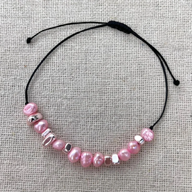 women pearl bracelets -Pearl & Hematite Cord Bracelet - Pink