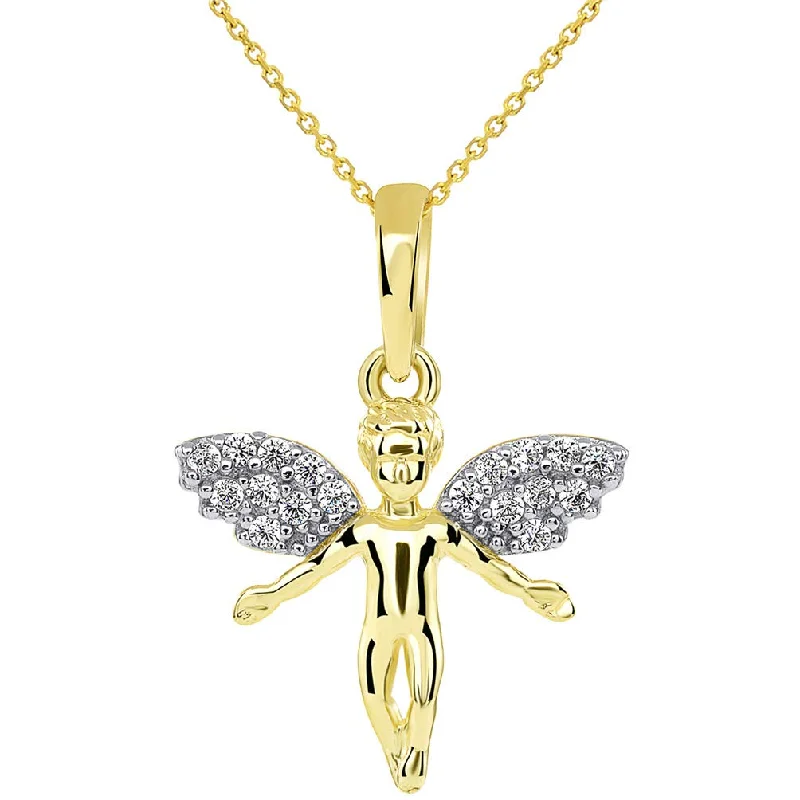 women bridal necklaces -14k Yellow Gold Flying Guardian Angel with Micro Pave CZ Wings Pendant Rolo Chain Necklace