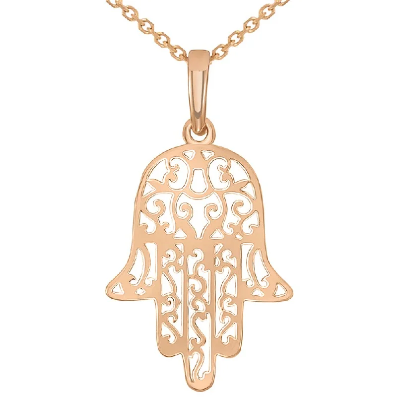 women modern necklaces -14k Rose Gold Filigree Hamsa Hand of Fatima Charm Pendant Necklace