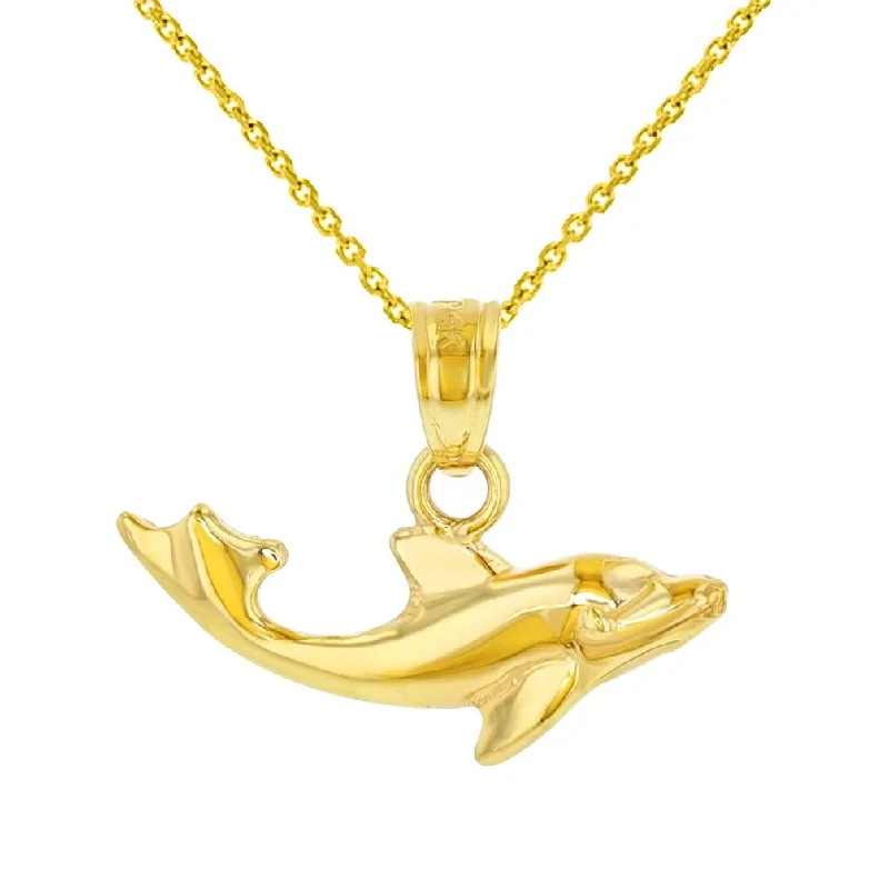 women moon necklaces -14K Yellow Gold Dainty Dolphin Charm Animal Pendant Necklace with High Polish