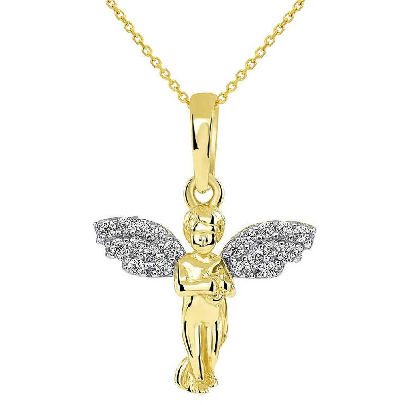 women vintage-style necklaces -14k Yellow Gold Guardian Angel Playing Harp with Micro Pave CZ Wings Pendant Necklace