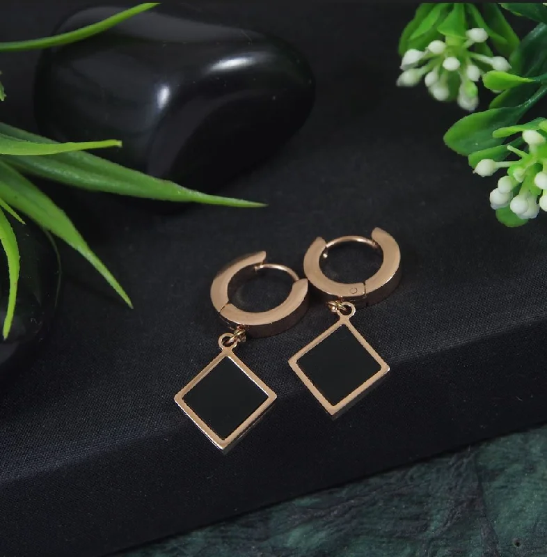 women silver earrings -Tarohi Jewels Stainless Steel Rosegold Plated Black Square Shaped Hoops Earring-STNER 2880