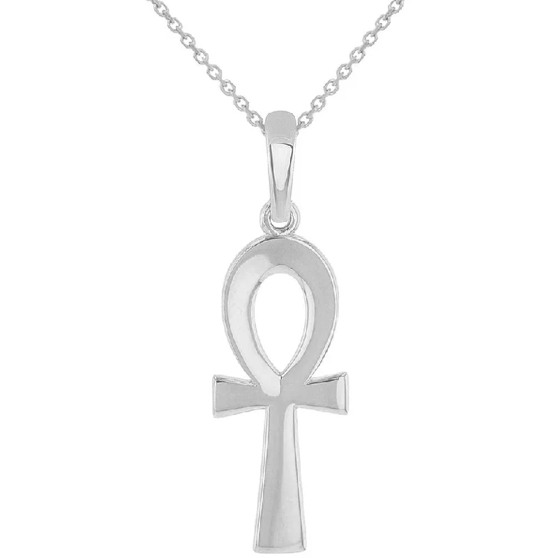 women statement gold necklaces -Solid 14k White Gold Plain and Simple Egyptian Ankh Cross Pendant with Chain Necklace