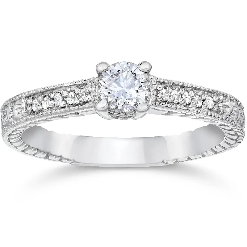 women stackable engagement rings -1/2ct Vintage Diamond Engagement Ring 14K White Gold