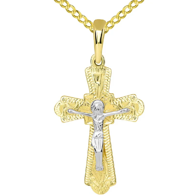 women art deco necklaces -14k Two Tone Gold Elegant Orthodox Bless and Save Cross Crucifix Pendant with Cuban Necklace