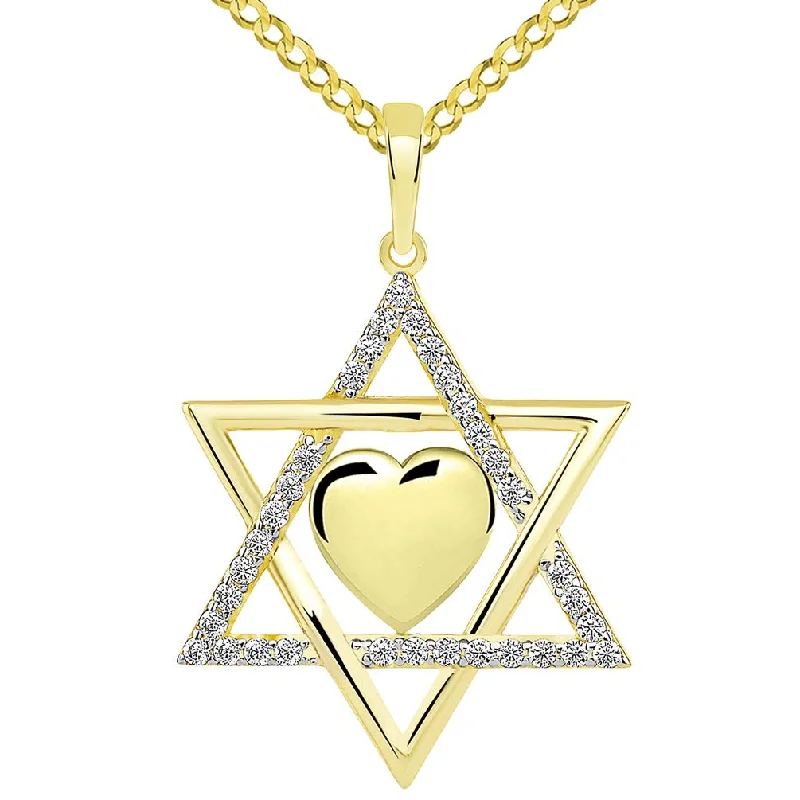 women heart necklaces -14k Yellow Gold Jewish Love CZ Star of David with Heart Pendant Cuban Necklace