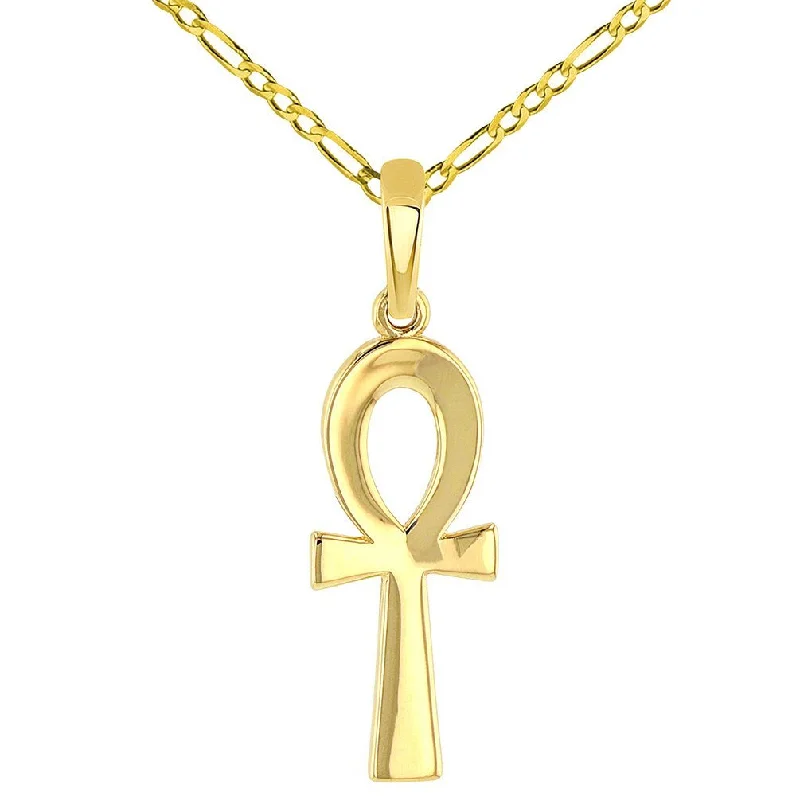 women halo necklaces -Solid 14k Yellow Gold Polished Egyptian Ankh Cross Charm Pendant with Figaro Chain Necklace