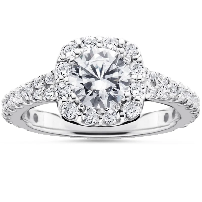 women art deco engagement rings -1 1/2ct Cushion Halo Diamond Engagement Ring 14K White Gold Round Brilliant Cut